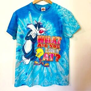 Vintage 90s Looney Tunes WB Tie Dye Shirt Sylvester Tweety Bird Blue Rare